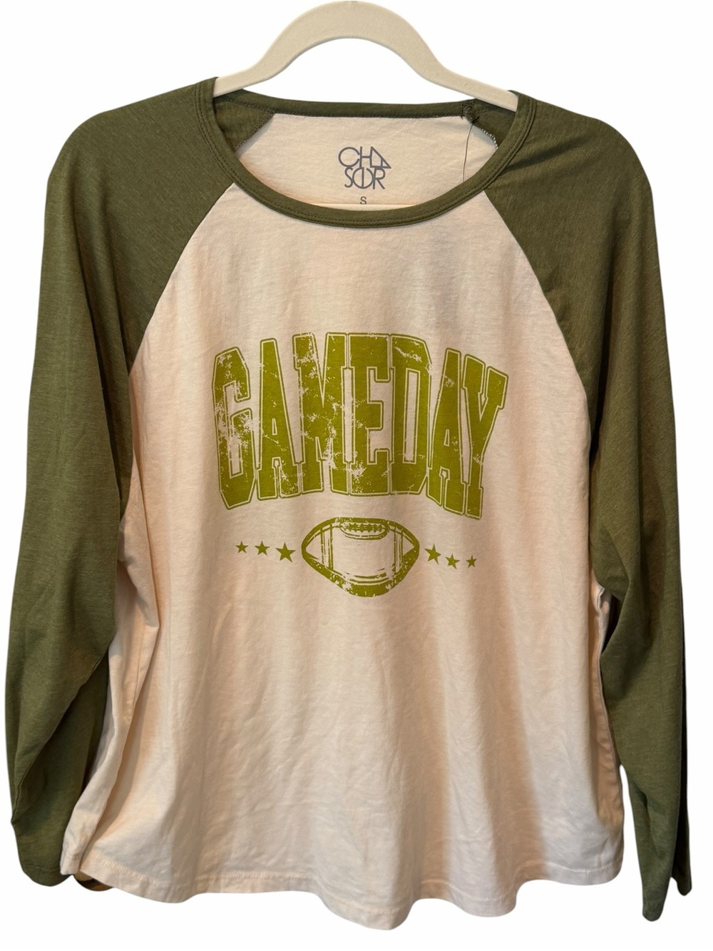 Chaser Oversized Gameday Football Raglan Graphic Tee Olive Green Cream Small NWT